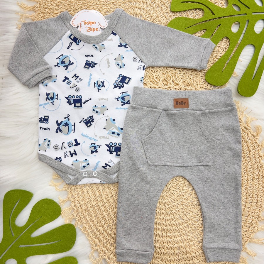  Conj. Body Trenzinho Manga Longa e Calça- Mescla e Branco